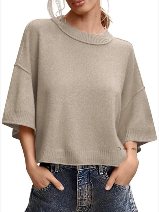 Sweaters - Short Sleeve Oversized Cropped Sweater Lightweight Knit Crewneck Pullover
